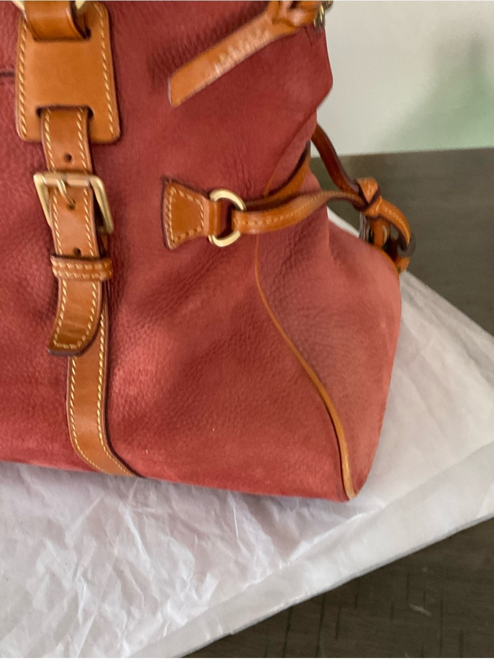 Dooney & Bourke Domed Nubuck Double Handle Satchel In Red-Brown Color - Picture 11 of 16